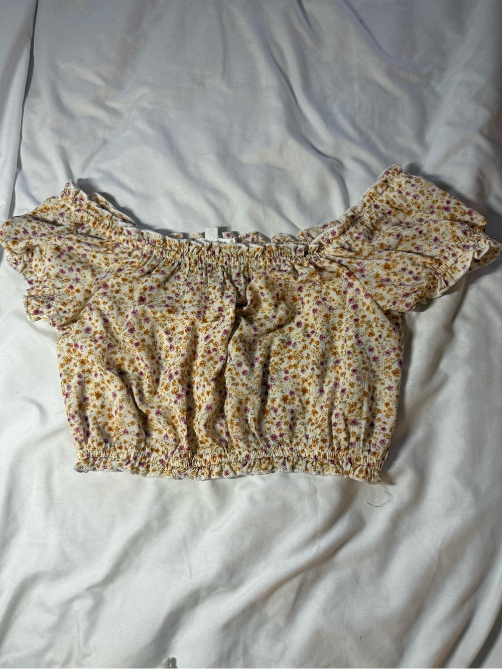 Pink Rose Yellow Floral Off-Shoulder Crop Top